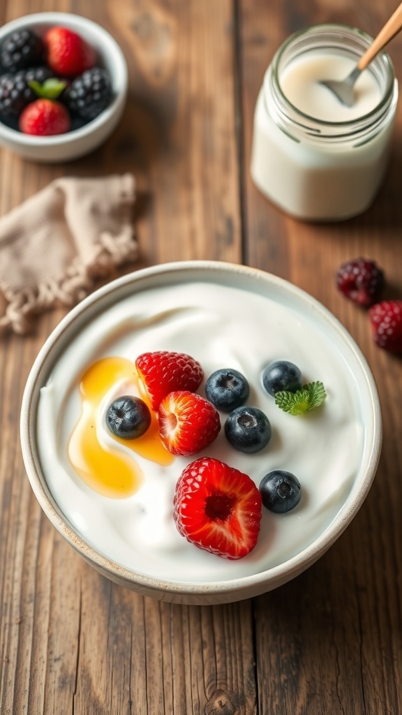 Homemade Yogurt in a Bread Machine A bowl of creamy yogurt topped with berries and honey on a wooden table.